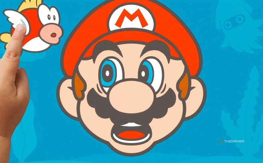 Hello Mario app image of a small child playing with a Cheep Cheep fish while Mario looks ominously.