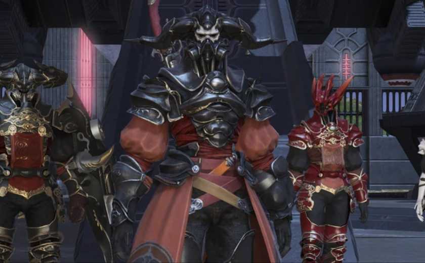Gaius van Baelsar standing with his three officers in a Garlean base in Final Fantasy 14.